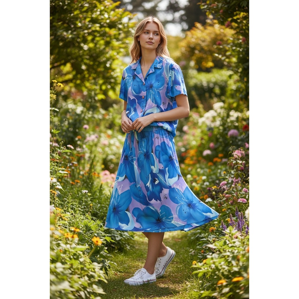 Leslie Fay Vintage Two-Piece Skirt Suit Blue Purple Floral Petite 12P Retro Midi